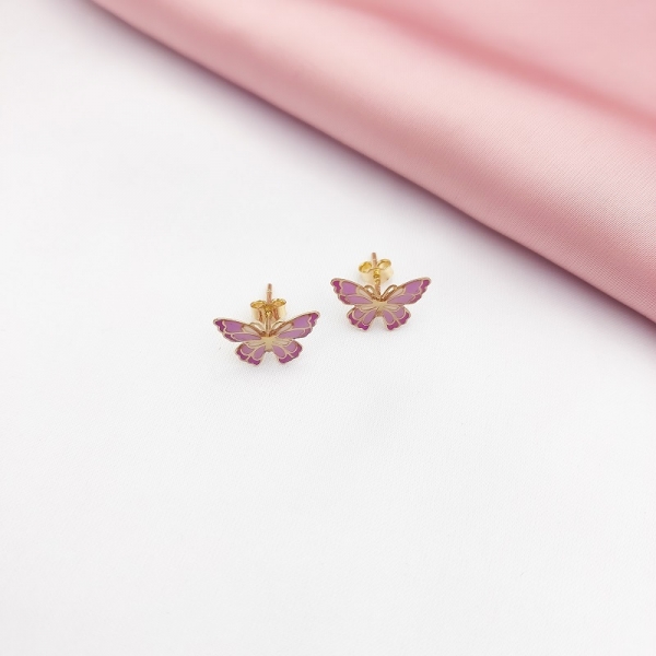 Złote kolczyki motylki różowe