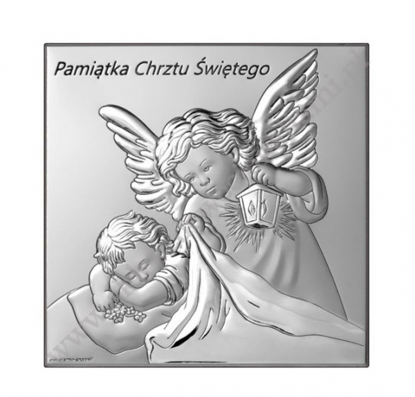 Obrazek srebrny - Pamiątka Chrztu Świętego Anioł stróż