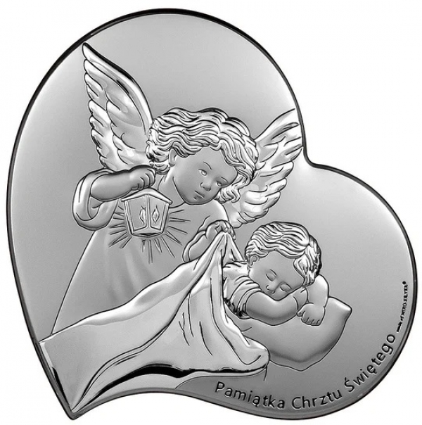 Obrazek srebrny - Pamiątka Chrztu Świętego Anioł stróż w sercu